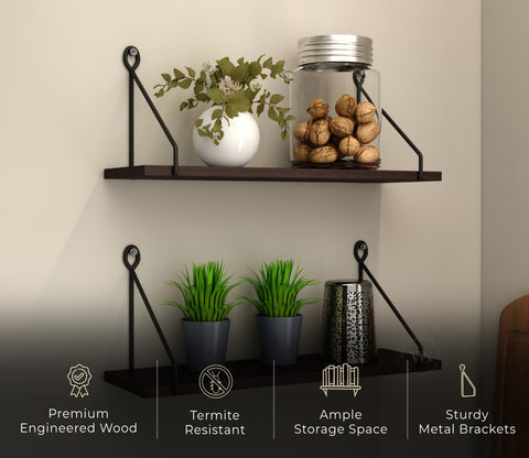 Luna Hanging Wall Shelf, Metallic Black & White Combination Wall Mounted Shelves for Living Room/Bedroom - Set of 2 (Flowery Wenge)