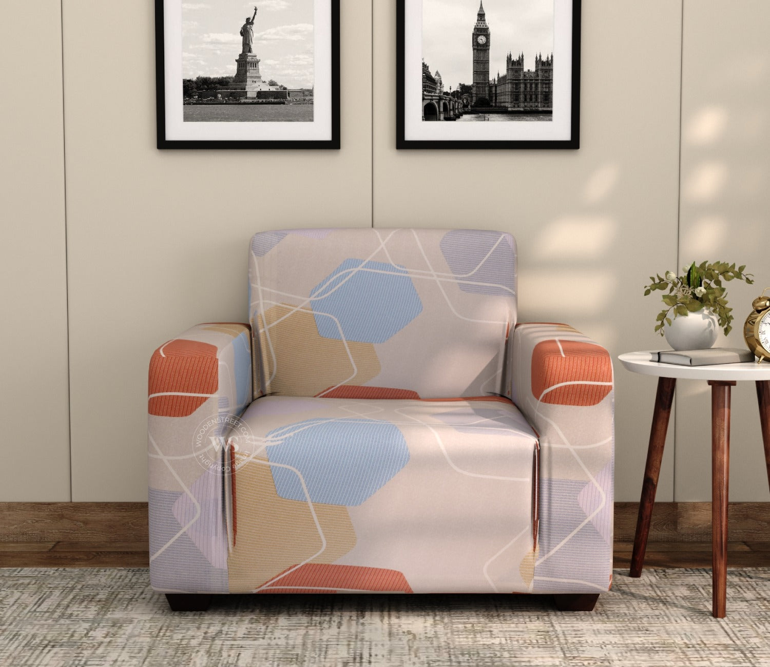 Agnus Modern Abstract Printed Polyester Spandex 1 Seater Sofa Cover (Multi Colour)