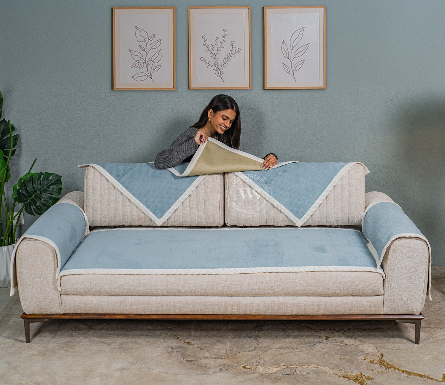 Radiant Blues Plain Designer 3 Seater Sofa Cover - Set of 8