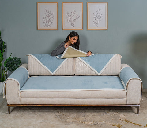 Radiant Blues Plain Designer 3 Seater Sofa Cover - Set of 8