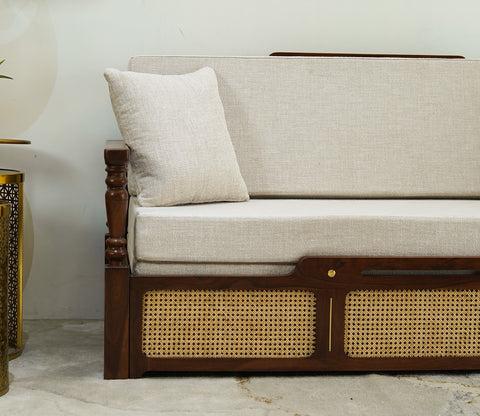 Ayaana Sheesham Wood 3 Seater Sofa Cum Bed with Cane Weaving | Opens to Double Bed (78x62) | Premium Upholstery | Sleeps 2 Adults (Teak Finish, Jade Ivory)
