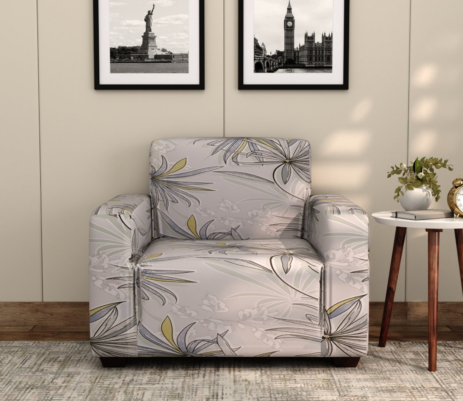 Cassia Floral Printed Polyester Spandex 3+1+1 Sofa Cover Set (Grey)