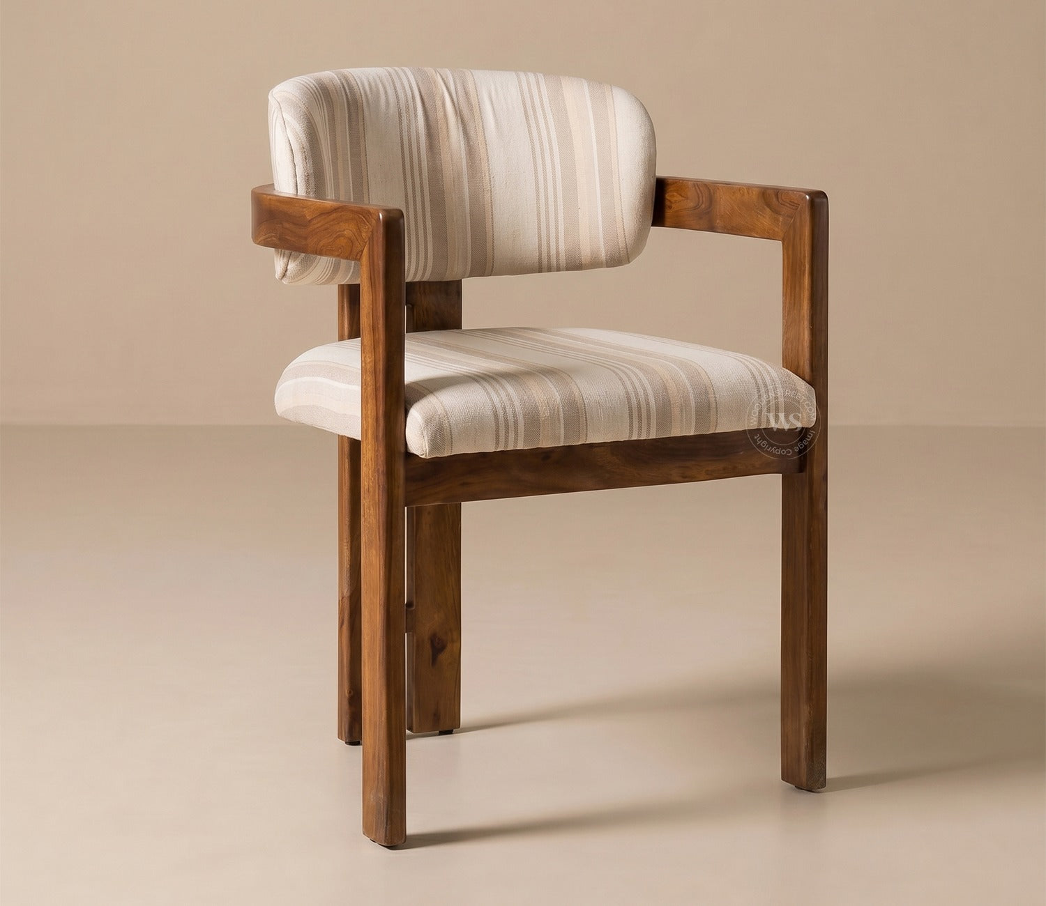 Kaaya Sheesham Wood Arm Chair With Premium Upholstery (Cream Stripes, Teak Finish)