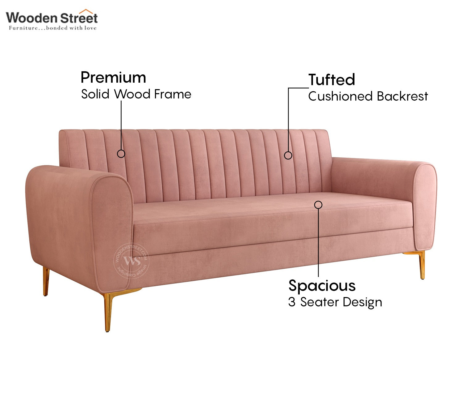 Medusa 3 Seater Fabric Sofa (Velvet, Salmon Pink)