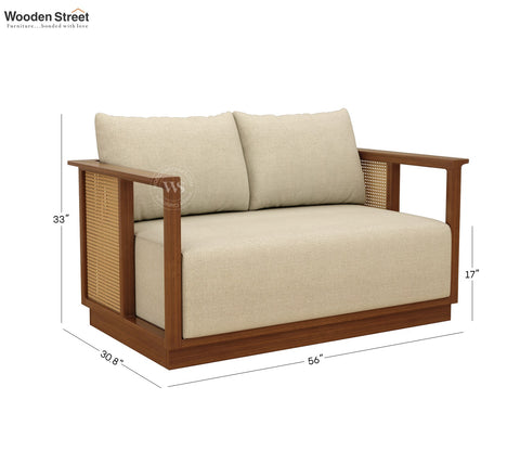 Varnik 2 Seater Ash Wood Sofa with Cane Accents (Teak Finish, Cottage Ivory)