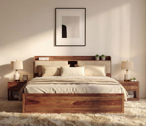Wildon Premium Sheesham Wood Bed with Cushioned Headboard and Drawer Storage (King Size, Teak Finish)