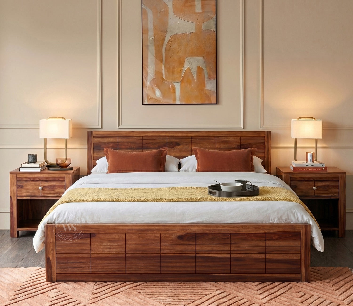 Brixton Sheesham Wood Bed With Box Storage (Queen Size, Honey Finish)