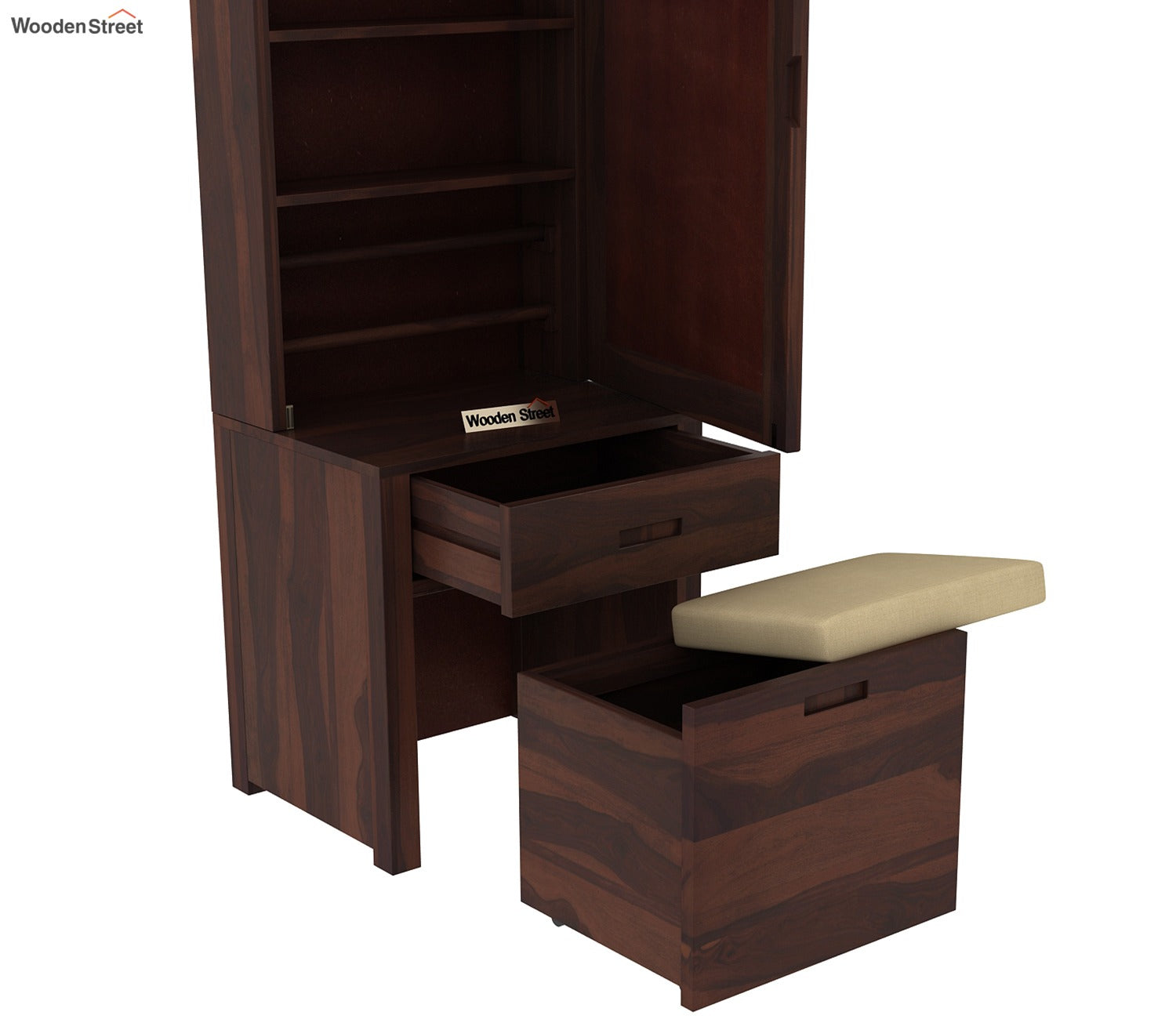 Adolph Dressing Table With Storage Stool (Walnut Finish)