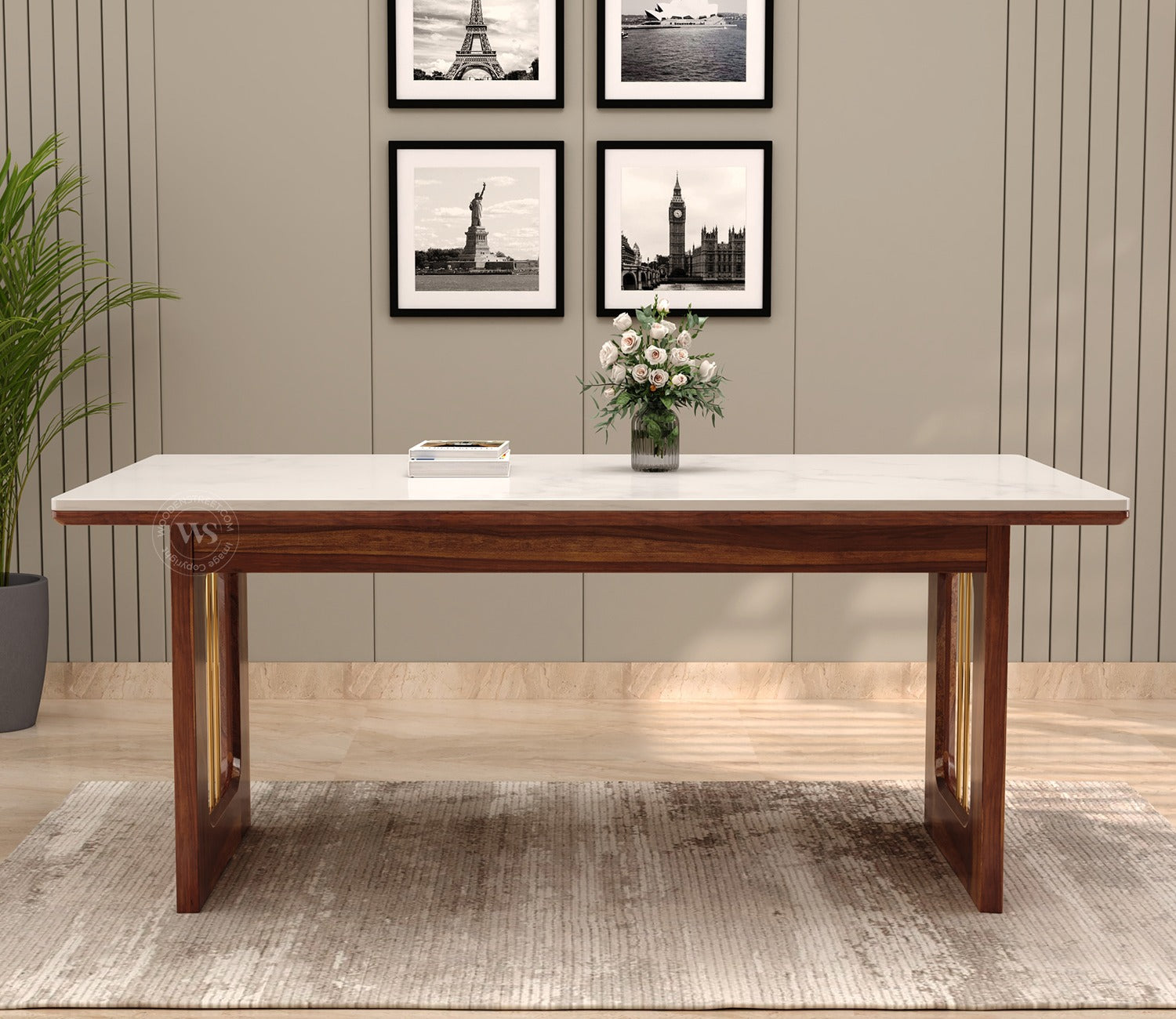 Mishaan-Koby 6 Seater Sheesham Wood Dining Table Set with Quartz Top (Teak Finish)