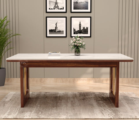 Mishaan-Koby 6 Seater Sheesham Wood Dining Table Set with Quartz Top (Teak Finish)