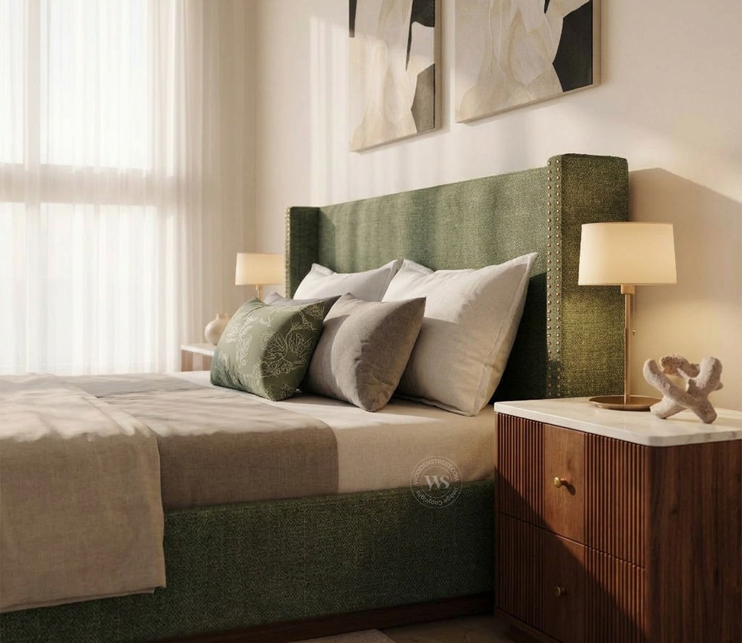 Kesarth Luxe Upholstered Hydraulic Storage Bed with High-Rise Headboard (King Size, Sage Green)