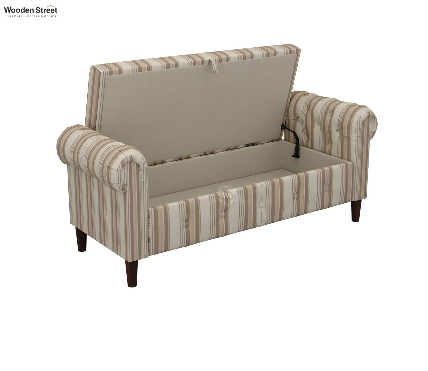 Velo Cushioned Hand Carved Sofa Bench With Hidden Storage (Cream Strip)