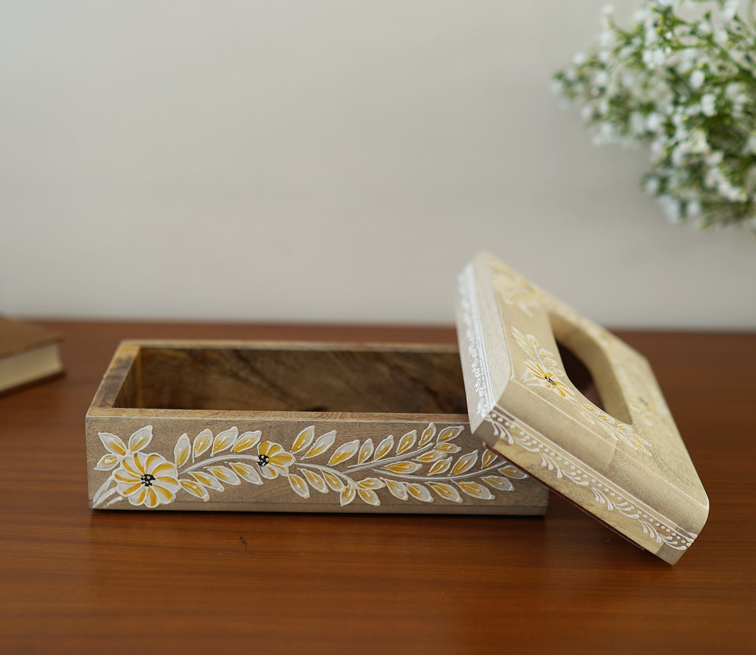 Adiva Floral Hand Painted Wooden Tissue Holder Box