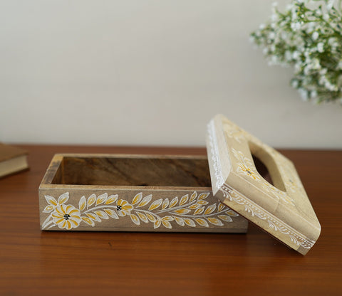 Adiva Floral Hand Painted Wooden Tissue Holder Box