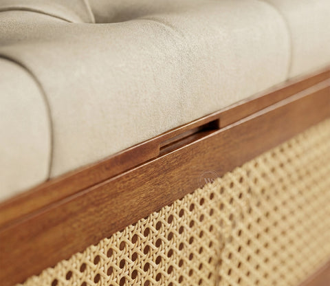 Rini Mango Wood Upholstered Bench with Cane Accent and Storage (Teak Finish, Cottage Ivory)