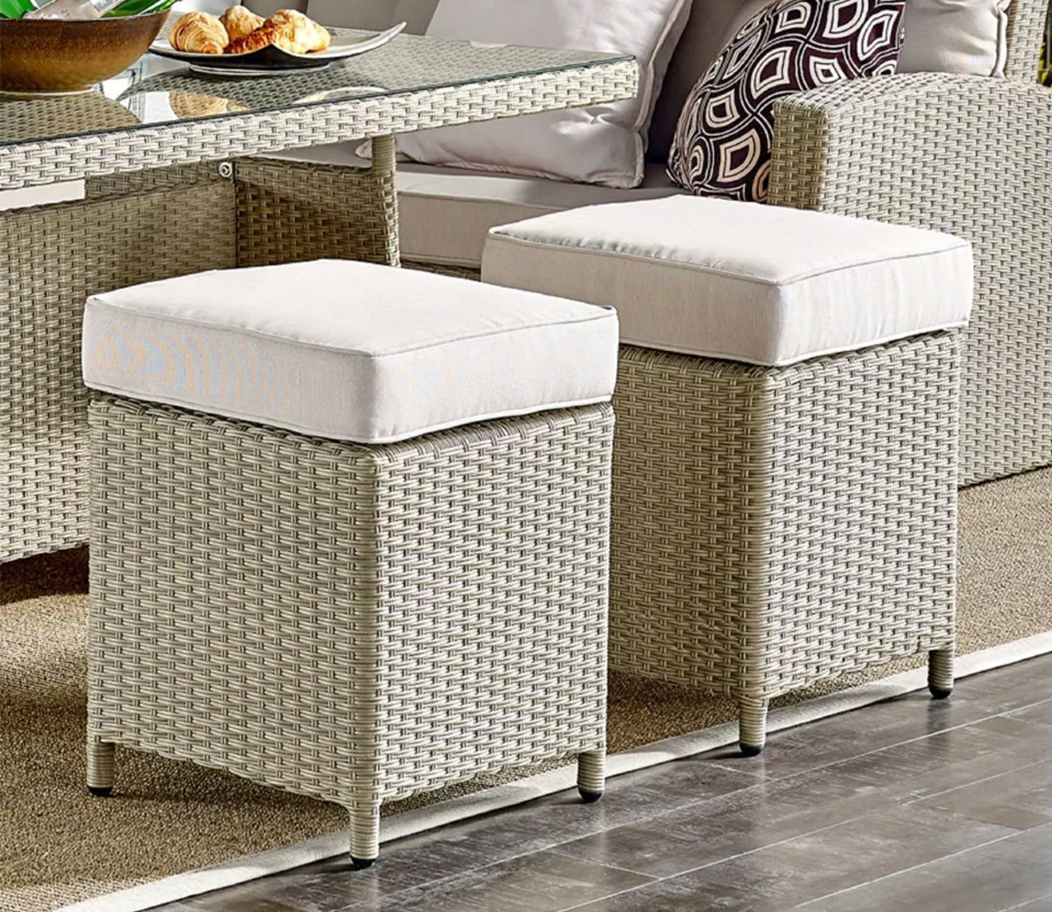 Beige Rattan And Wicker Patio Set With Table And Off White Cushions