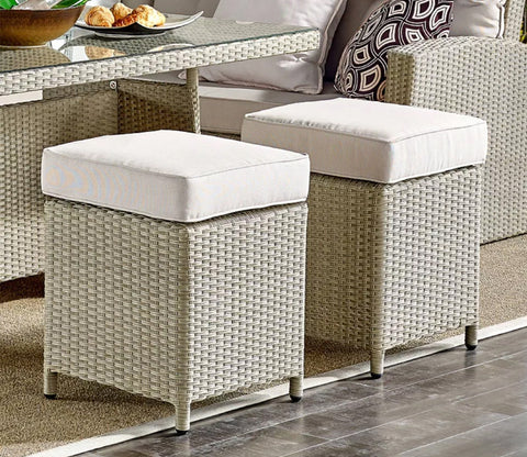 Beige Rattan And Wicker Patio Set With Table And Off White Cushions