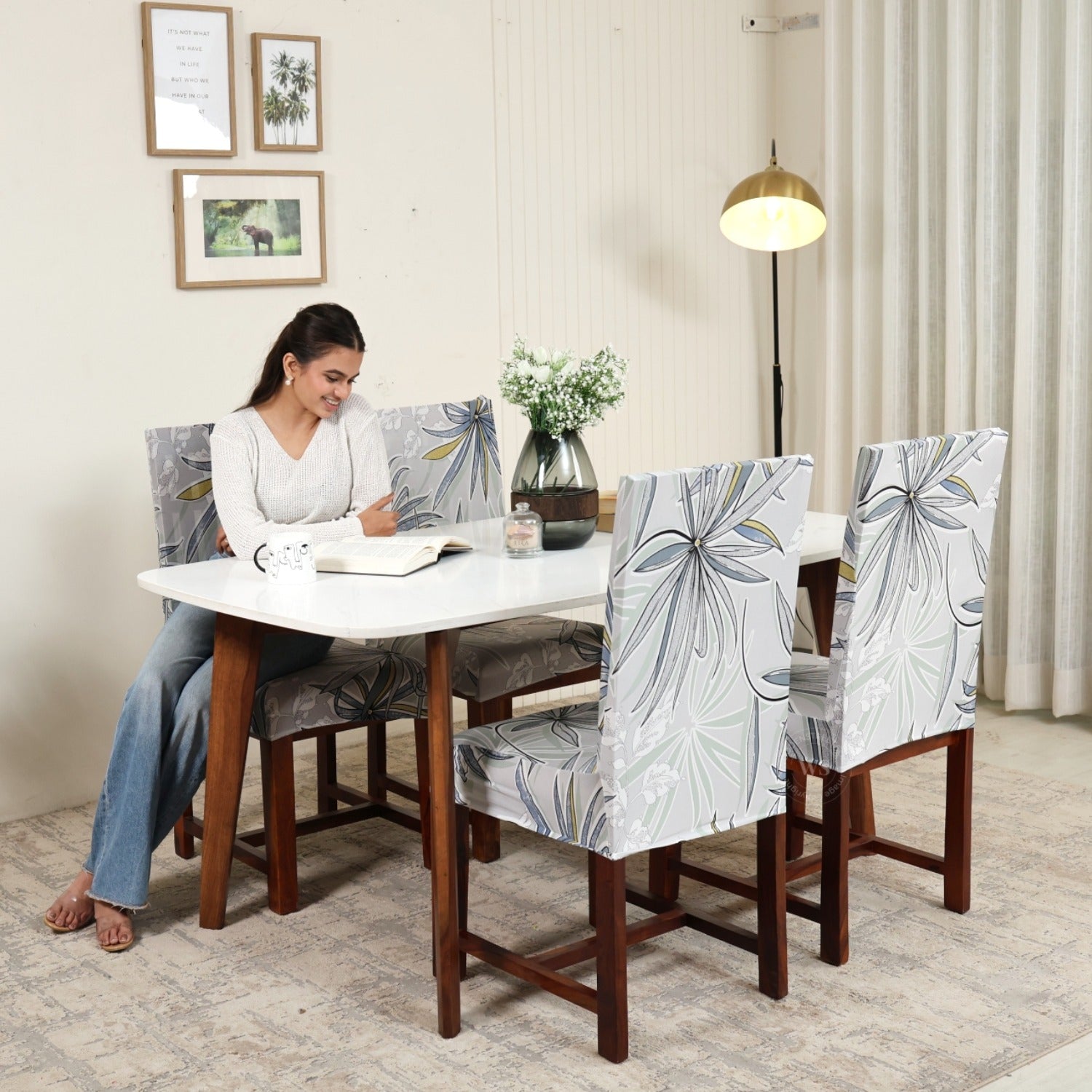 Cassia Floral Printed Polyester Spandex 4 Piece Chair Cover (Grey)
