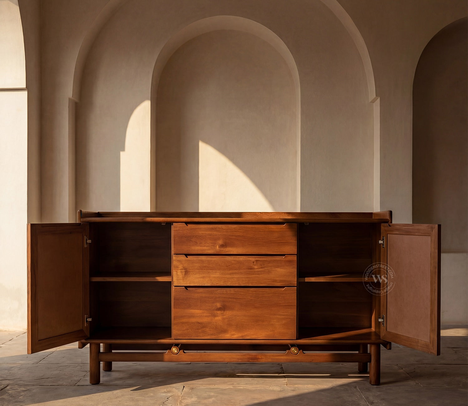 Ishana Mango Wood Designer Cabinet with Cane Detailing (Teak Finish)