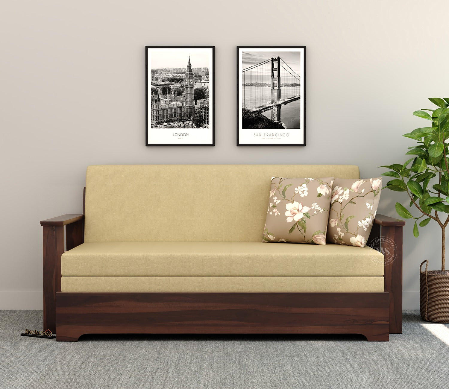 Della Sheesham Wood Sofa Cum Bed With Armrests (Walnut Irish Cream)