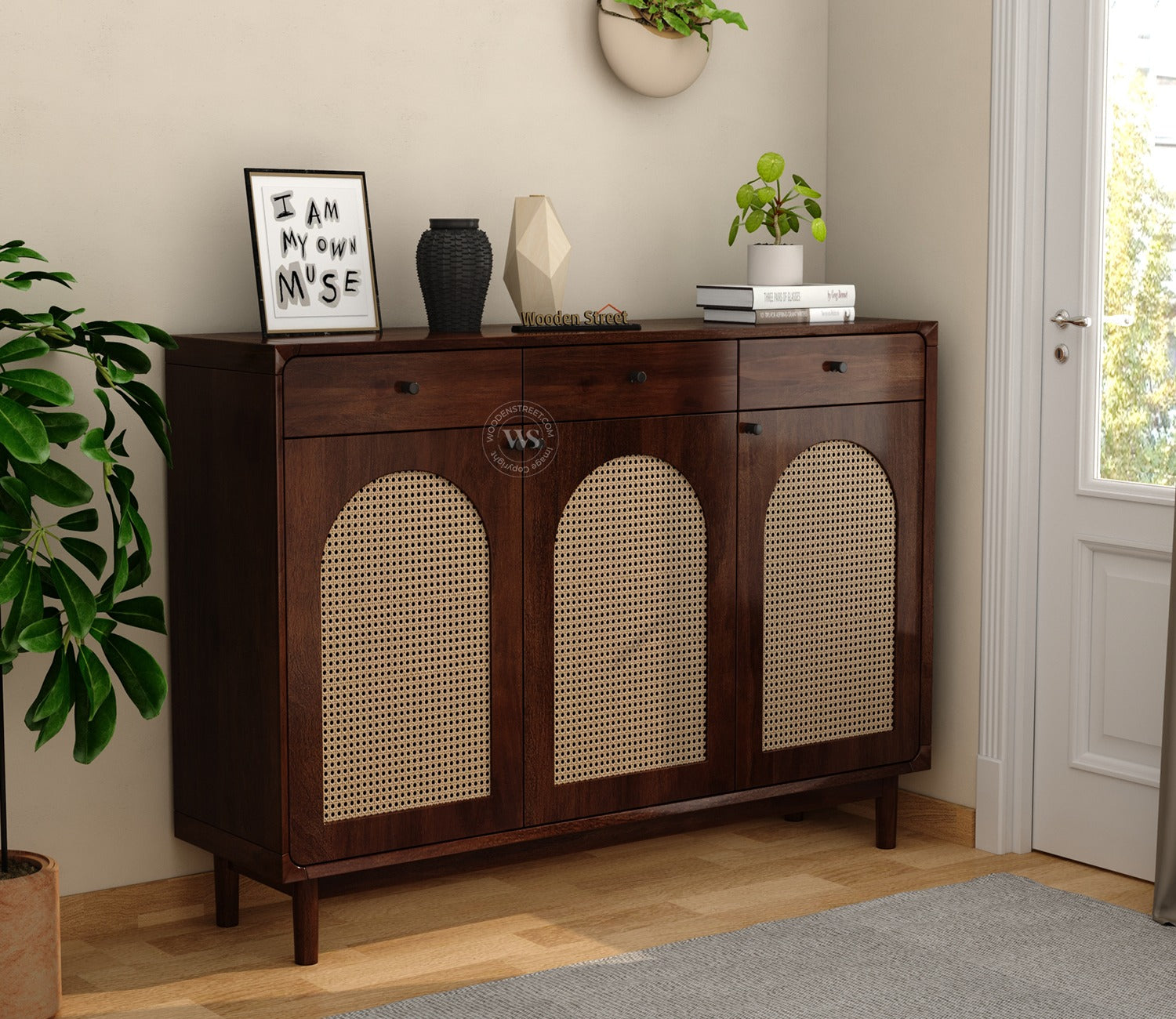 Mazie Premium Solid Wood Shoe Rack With Storage & Cane Detailing (Mango Wood, Teak Finish)