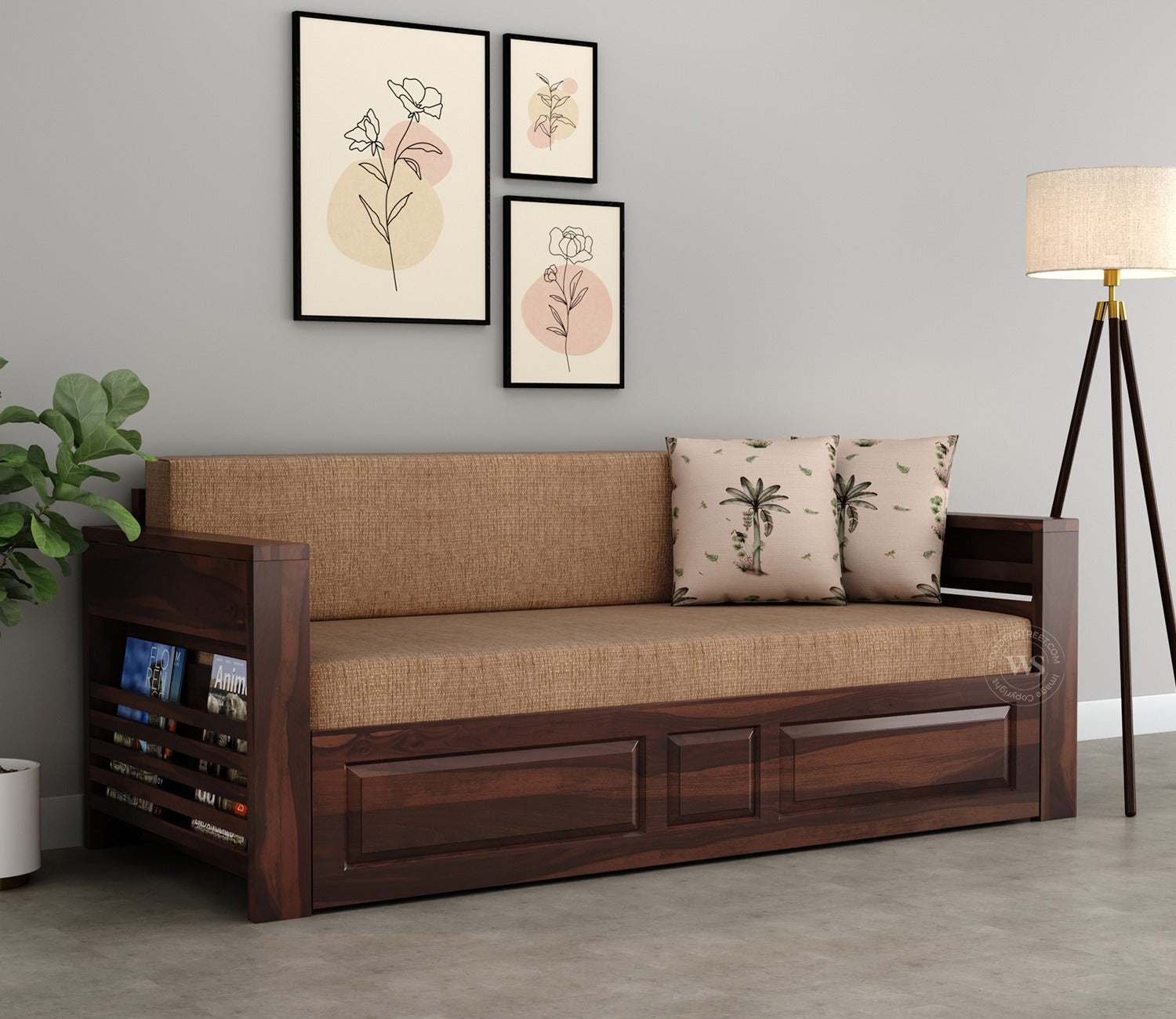Feltro Sheesham Wood Sofa Bed With Storage (King Size, Walnut Beach Cream)