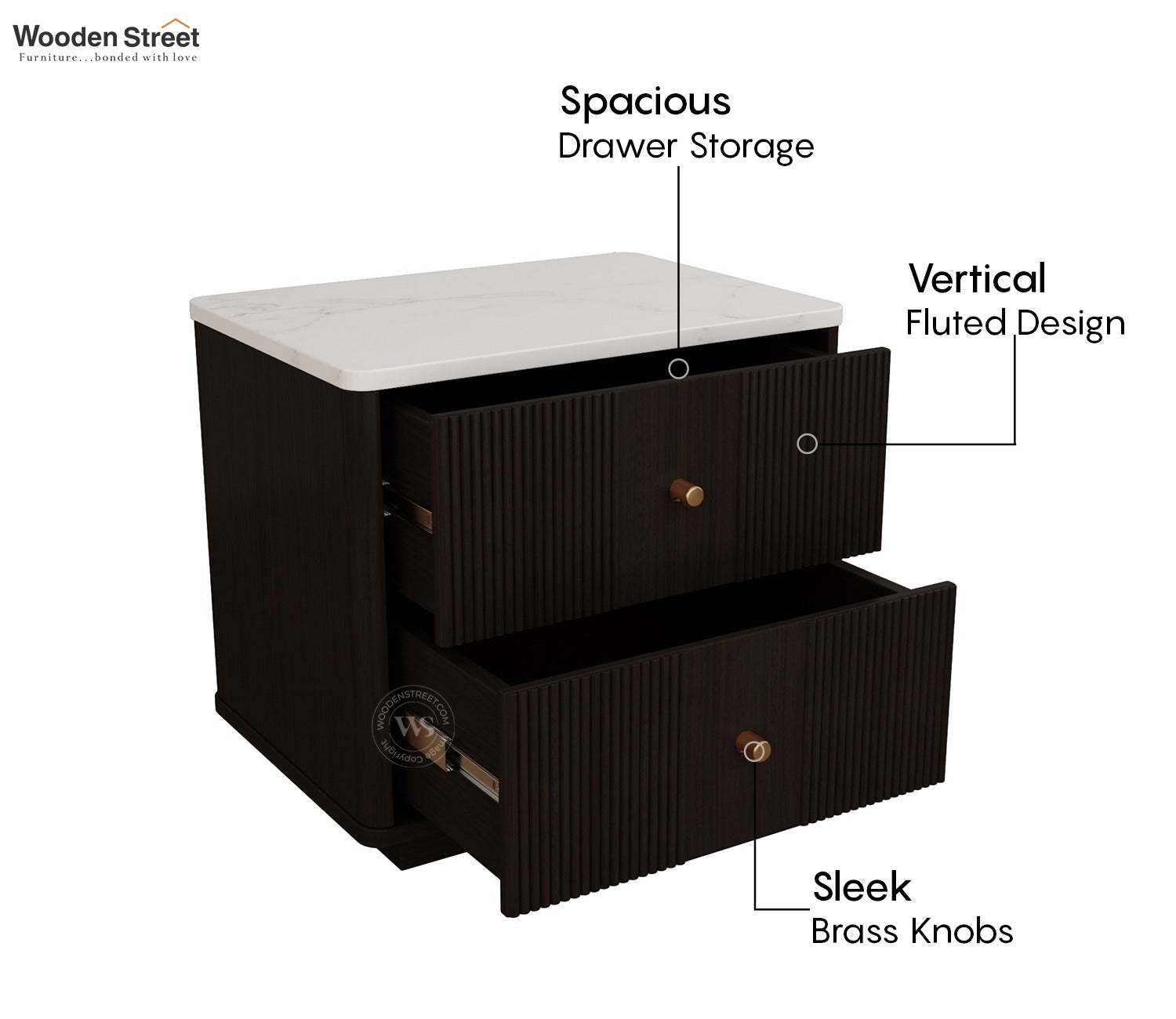 Kesarth Mango Wood Bedside table with Marble Top & Storage (Black Finish)