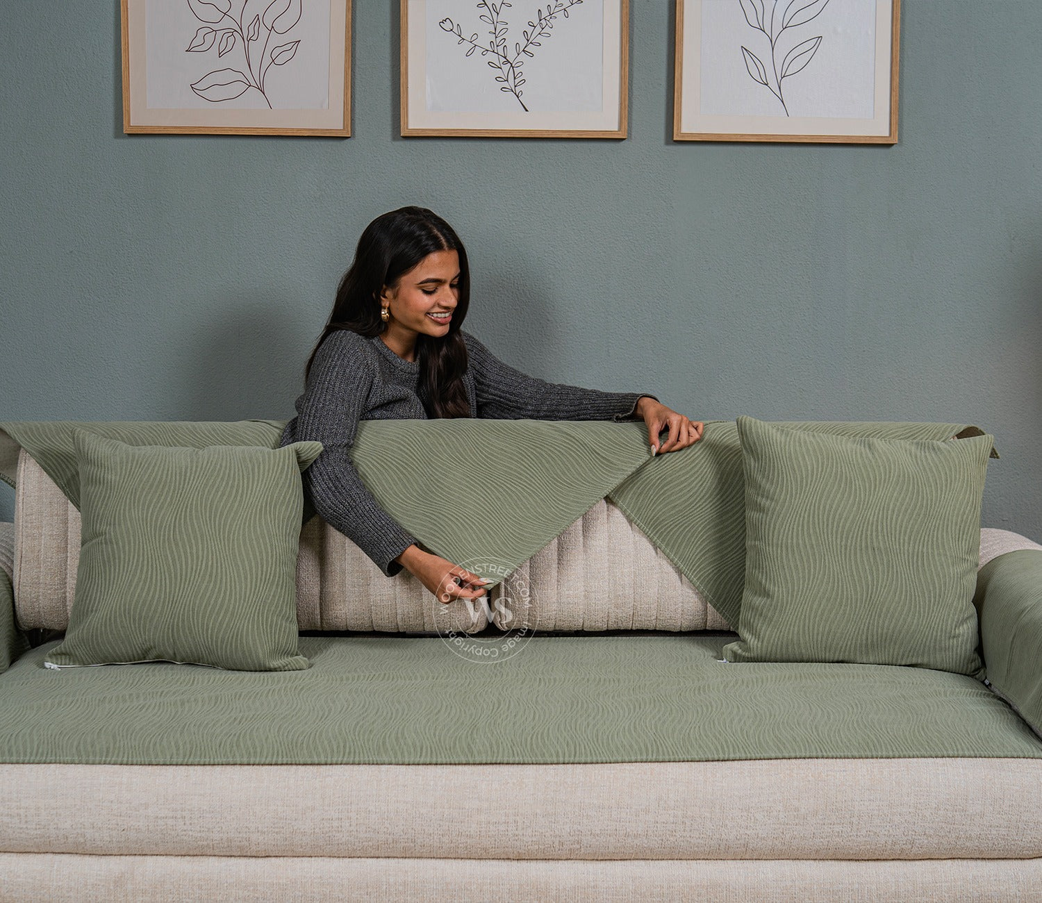 Thread Twist Green Lining Pattern 3 Seater Sofa Cover - Set of 8