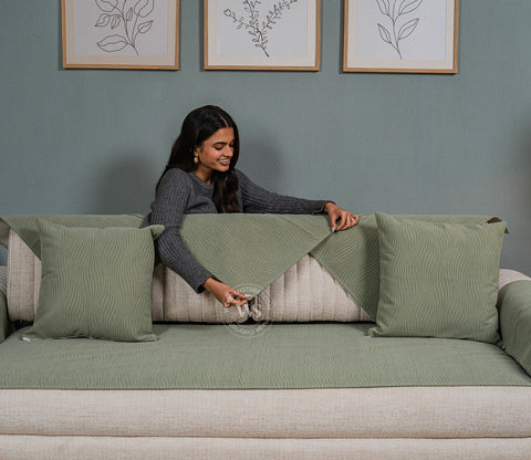 Thread Twist Green Lining Pattern 3 Seater Sofa Cover - Set of 8