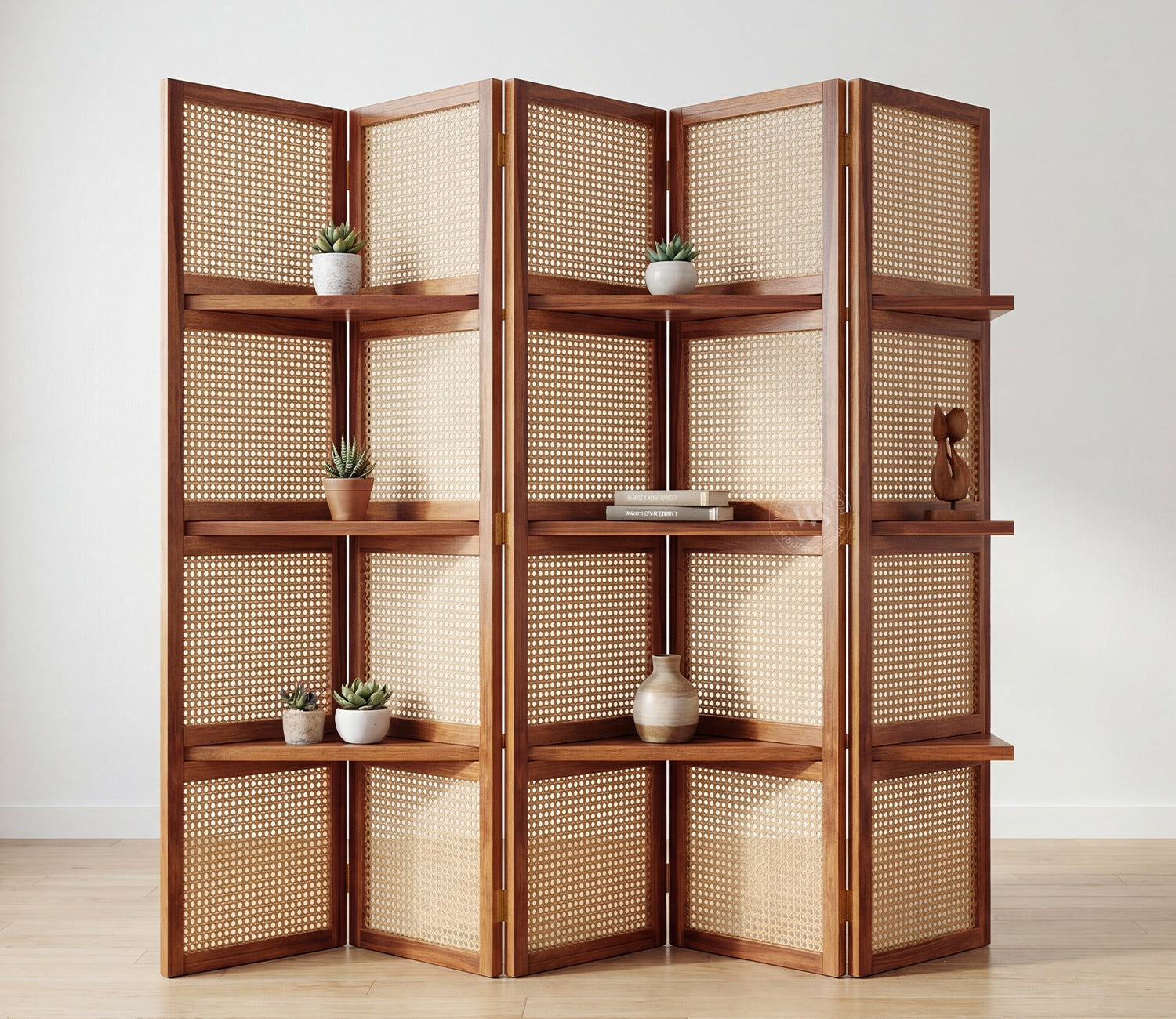 Aakaar Sheesham Wood Foldable Room Divider with Cane Weave & Open Shelves - 5 Panel Partition Screen
