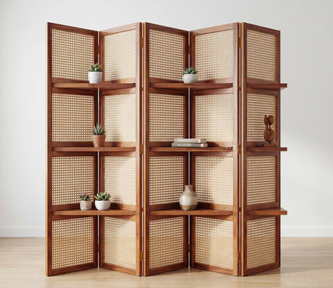 Aakaar Sheesham Wood Foldable Room Divider with Cane Weave & Open Shelves - 5 Panel Partition Screen