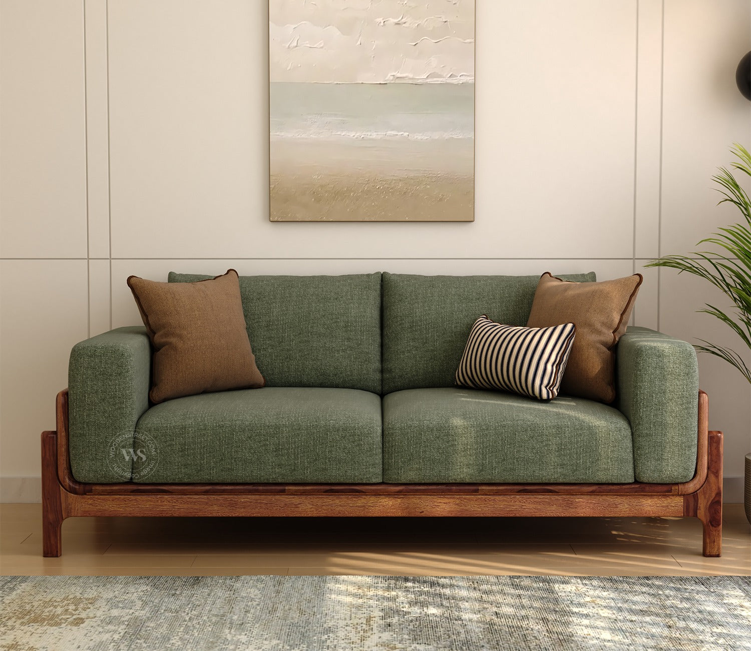 Aranyam Sheesham Wood 3 Seater Sofa with Cane Detailing (Sage Green)