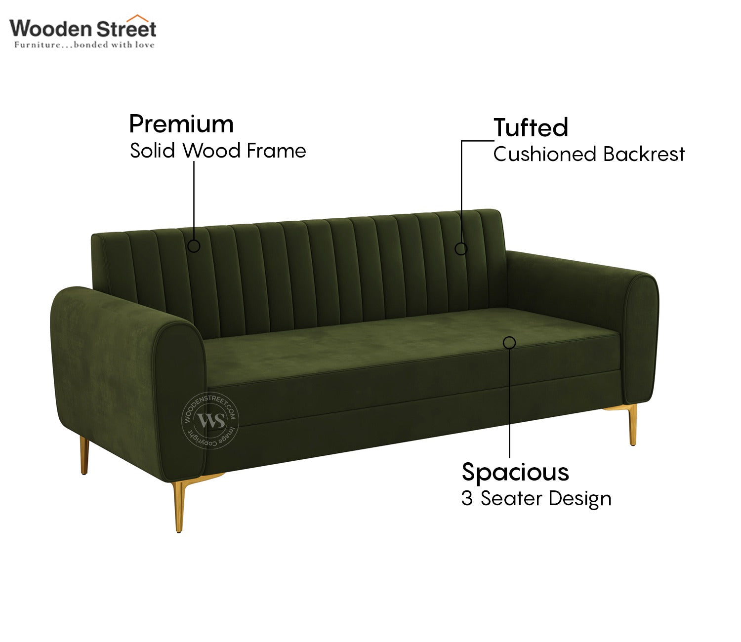 Medusa 3 Seater Fabric Sofa (Velvet, Dark Olive Green)