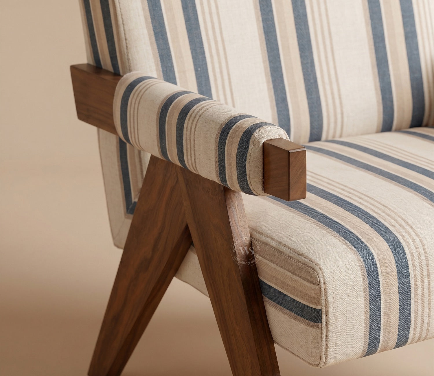 Troupe Sheesham Wood Chandigarh Chair with Premium Upholstery (Blue Stripes, Teak Finish)