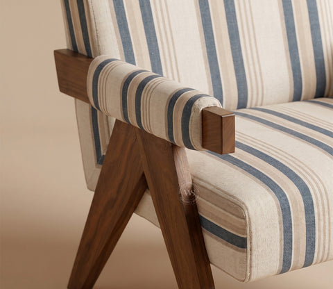 Troupe Sheesham Wood Chandigarh Chair with Premium Upholstery (Blue Stripes, Teak Finish)