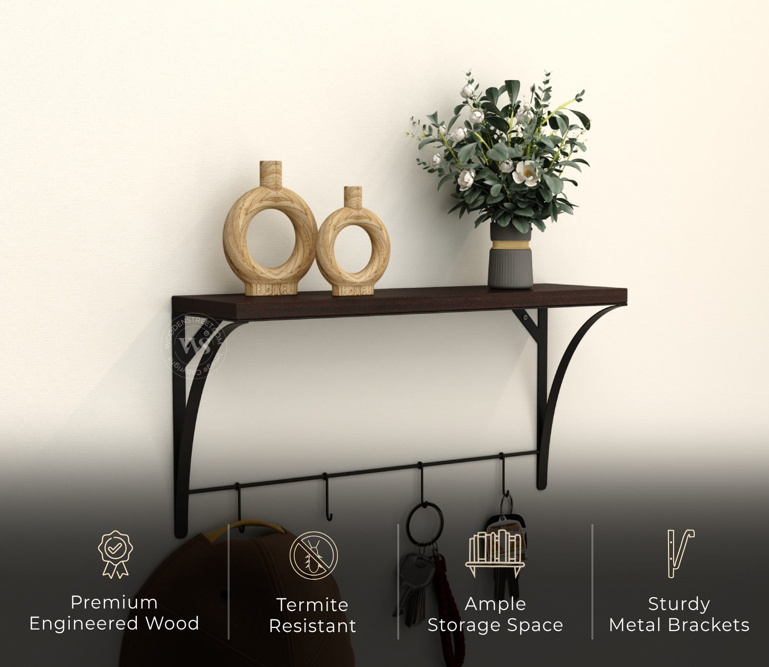 Hedwig Wooden Wall Mounted Shelf With 4 Hanging Metal Hooks, Multipurpose Wall Shelf For Living Room/Bedroom (Flowery Wenge)