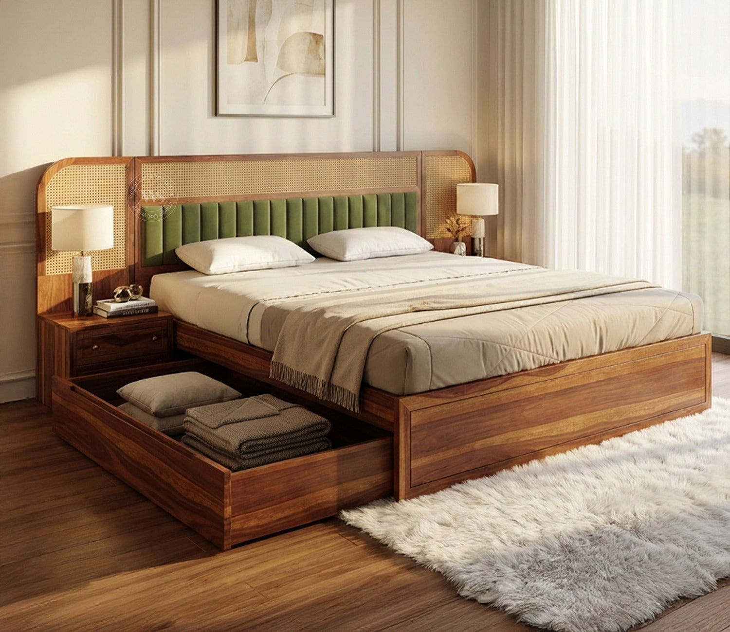 Serah Premium Sheesham Wood Bed with Cane & Velvet Headboard, Drawer Storage & 2 Modular Bedside Tables (Queen Size, Teak Finish)