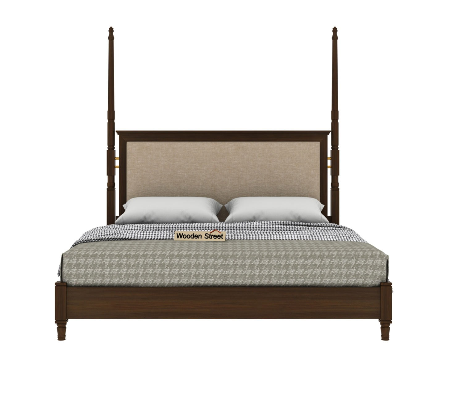 Regal Ash Wood Upholstered Poster Bed Without Storage (King Size, Teak Finish)