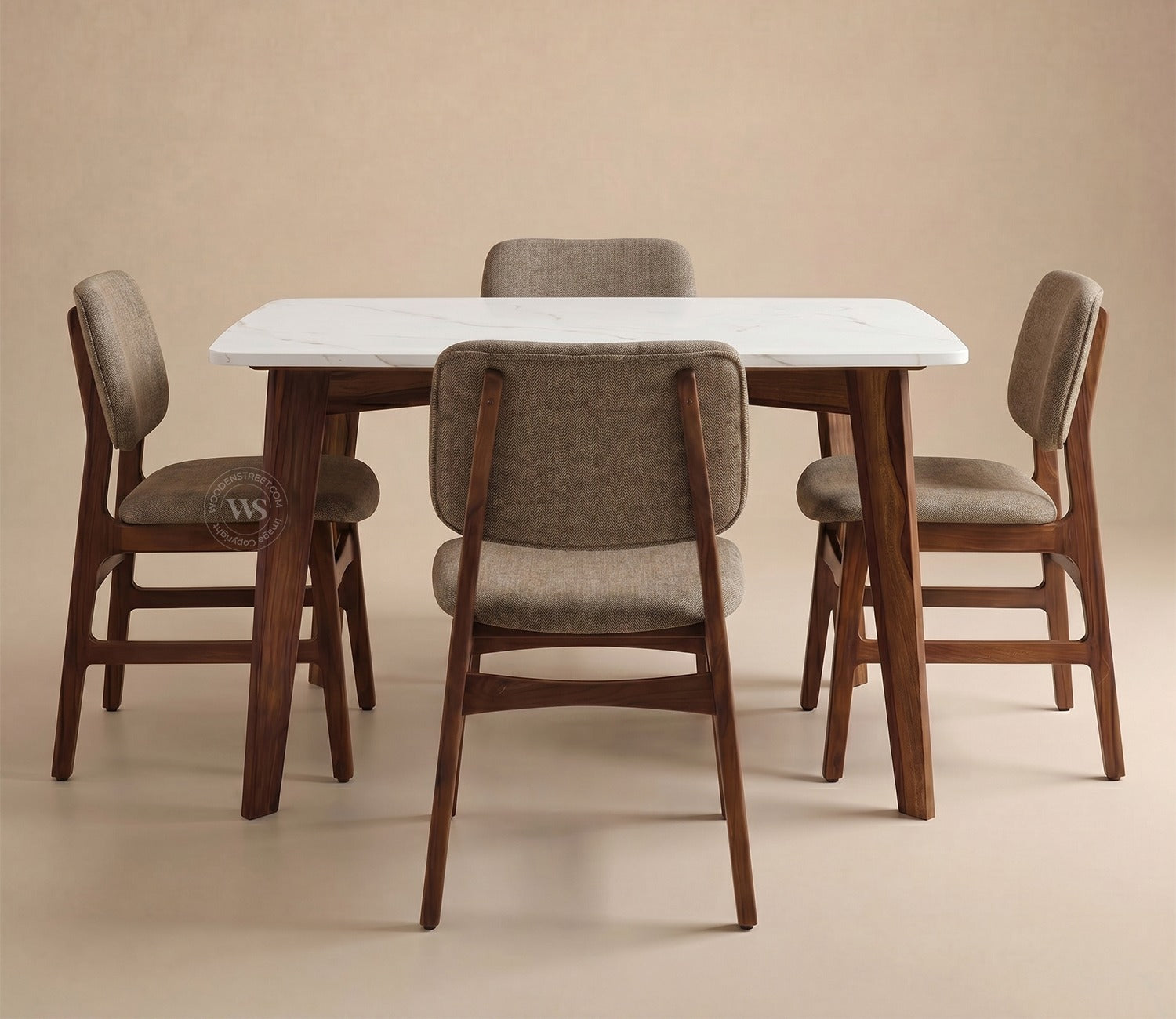 Vivara 4 Seater Dinining Set with Valence Quartz-Top Table and Vinara Upholstered Chair (Sand Brown)