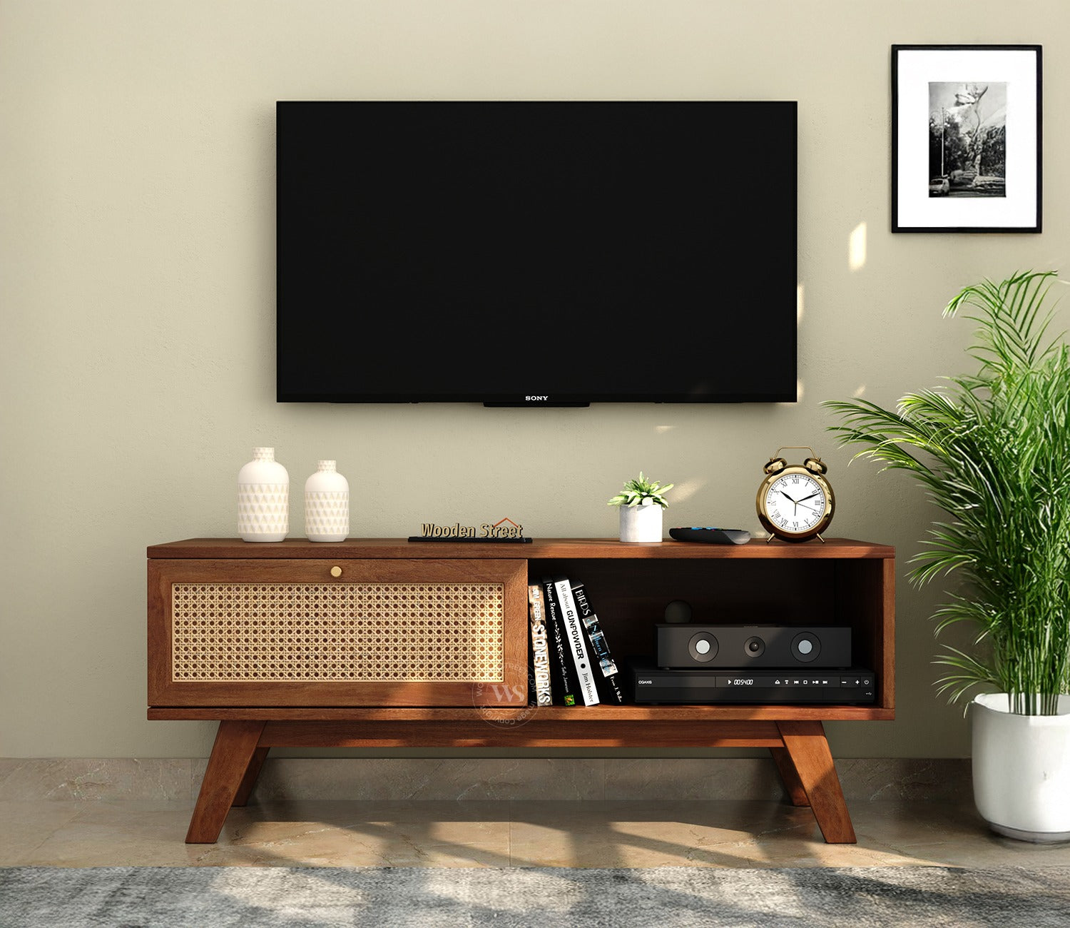 Droid Premium Solid Wood TV Unit With Pull-Down Door Cabinet, Open Shelf & Cane Detailing (Mango Wood, Teak Finish)