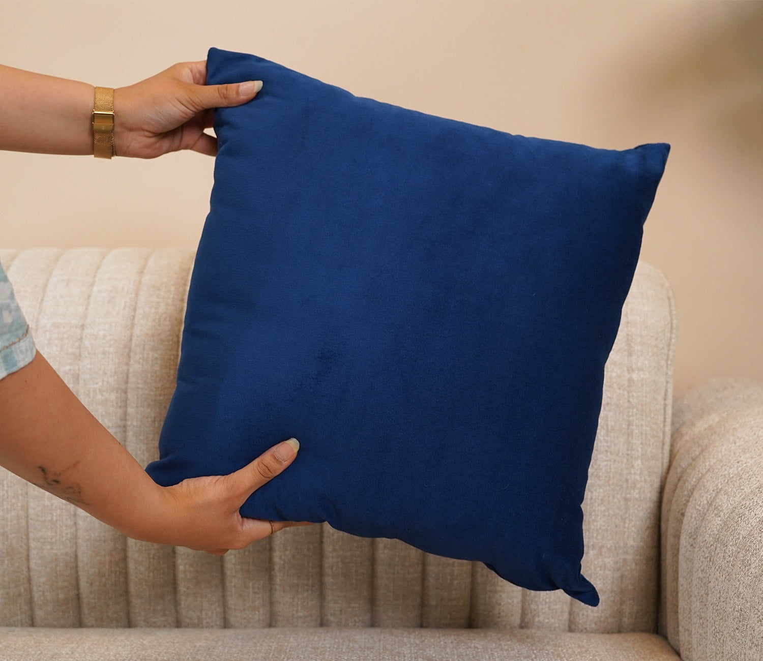 Cupid Velvet Cushion Cover - Pack of 1 (16 x 16 Inch, Indigo Blue)