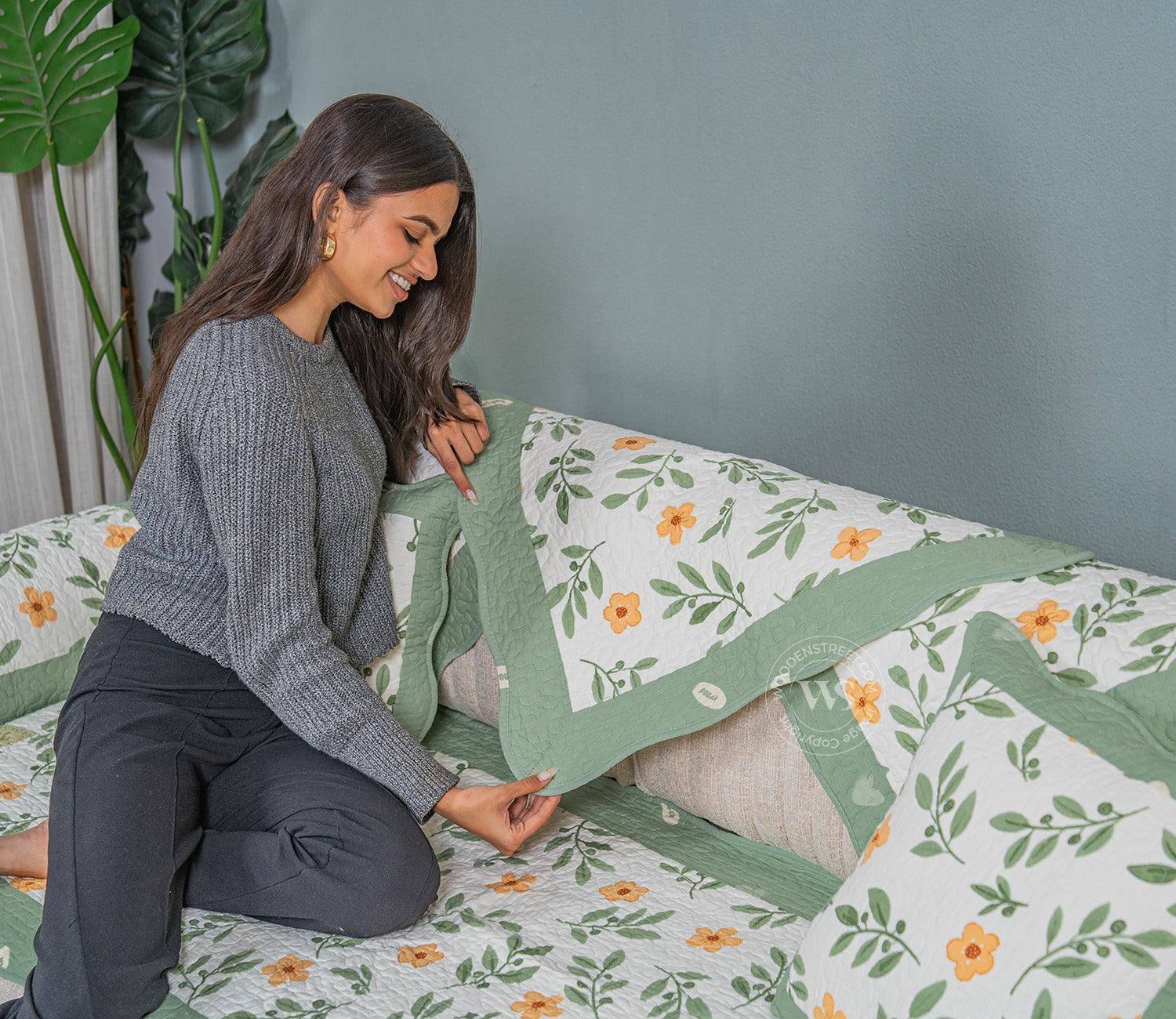 Petal Paradise Floral Multi Color Printed 3 Seater Sofa Cover - Set of 8