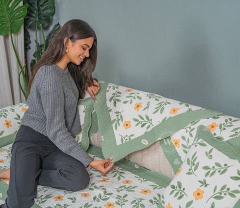 Petal Paradise Floral Multi Color Printed 3 Seater Sofa Cover - Set of 8