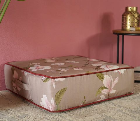 Elara Floor Cushion With Bolster - 24 X 24 Inch (Cotton, Magnolia Beige)