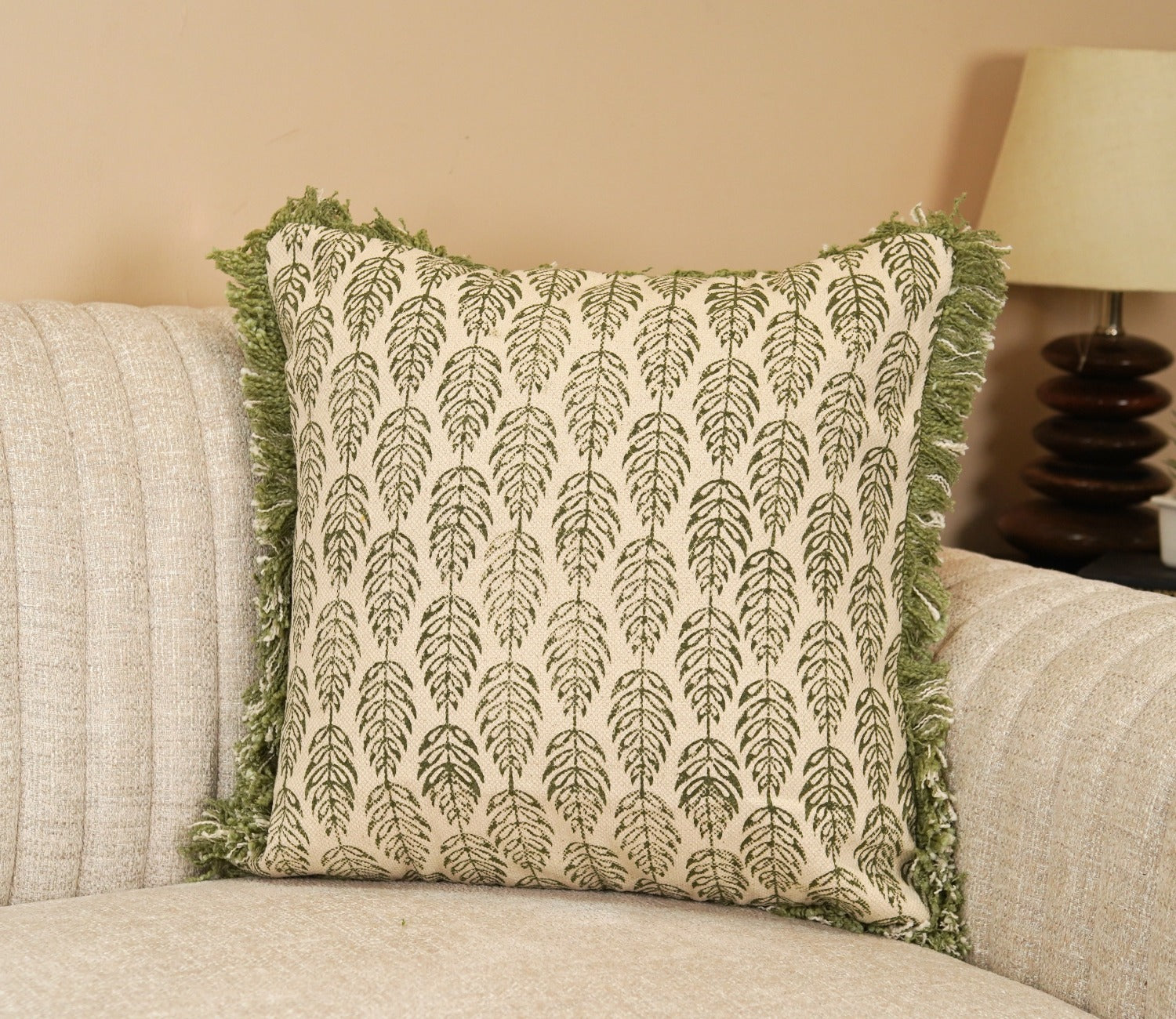 Green and White Floral Cotton Cushion Cover