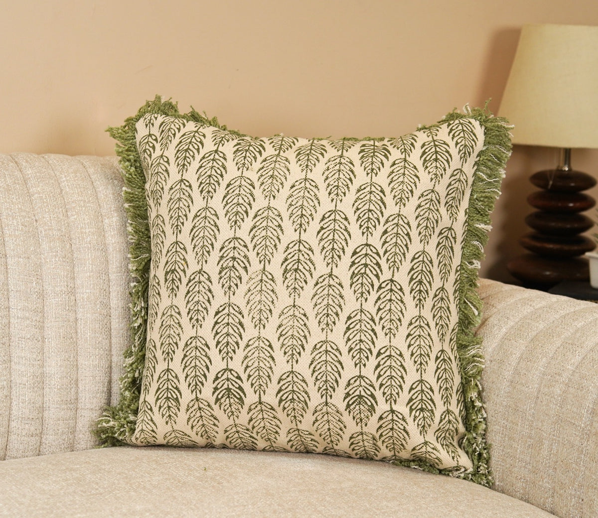 Green and White Floral Cotton Cushion Cover