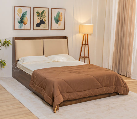 Calmora Engineered Wood Bed with Upholstered Headboard and Spacious Box Storage (Queen Size, Columbian Walnut Finish)
