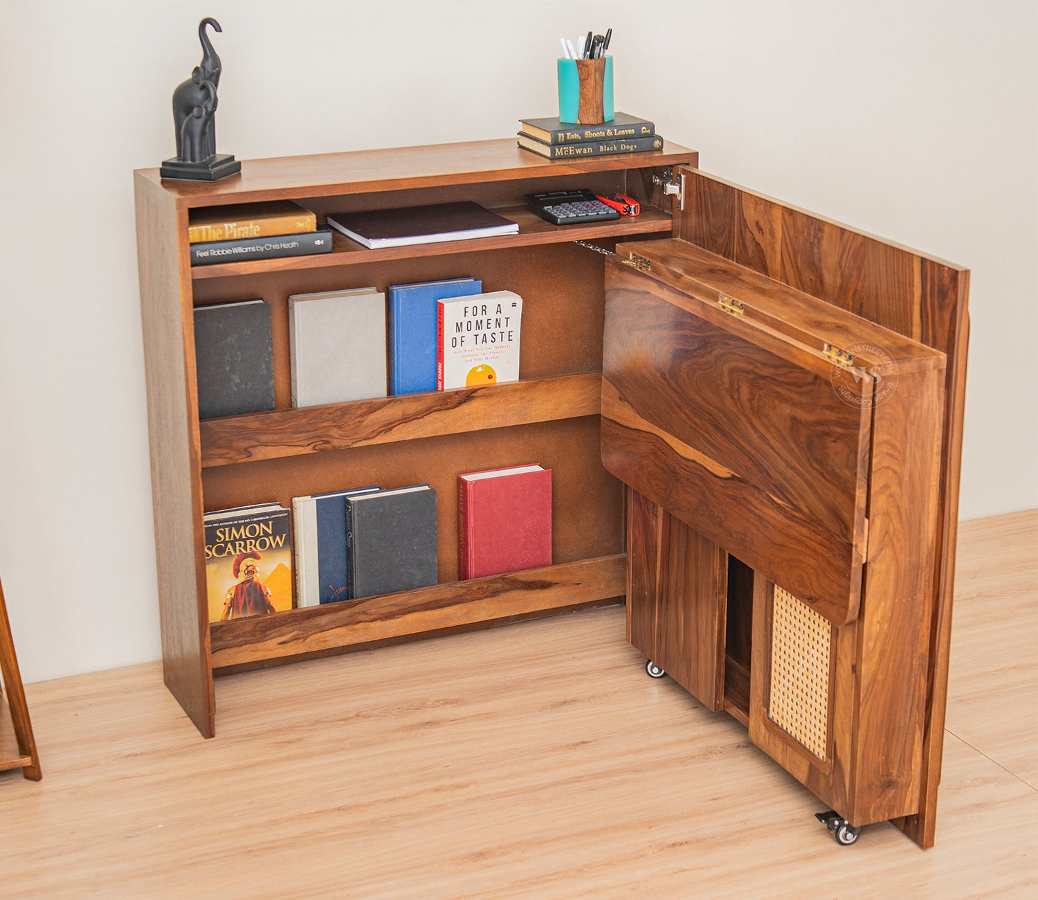 Vitara Premium Solid Wood Convertible Study Table With Hidden Storage, Cane & Brass Accents (Sheesham Wood, Teak Finish)