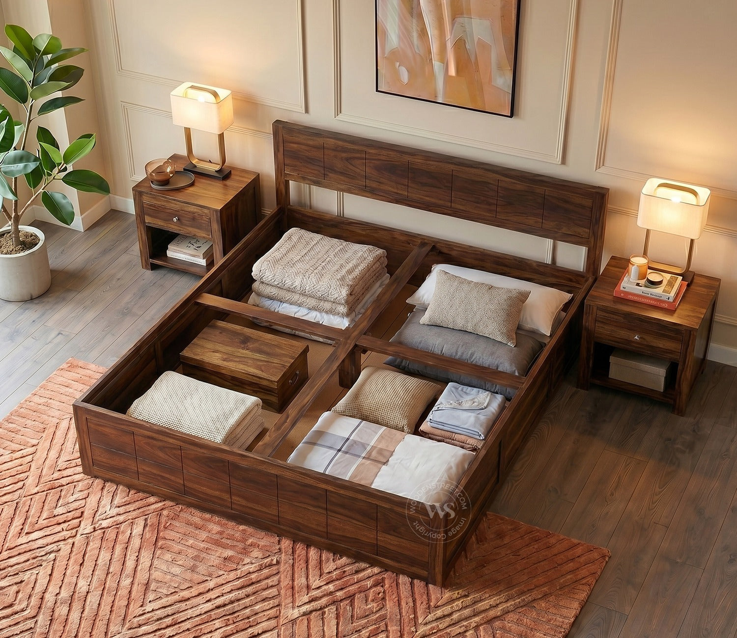 Brixton Sheesham Wood Bed With Box Storage (Queen Size, Walnut Finish)