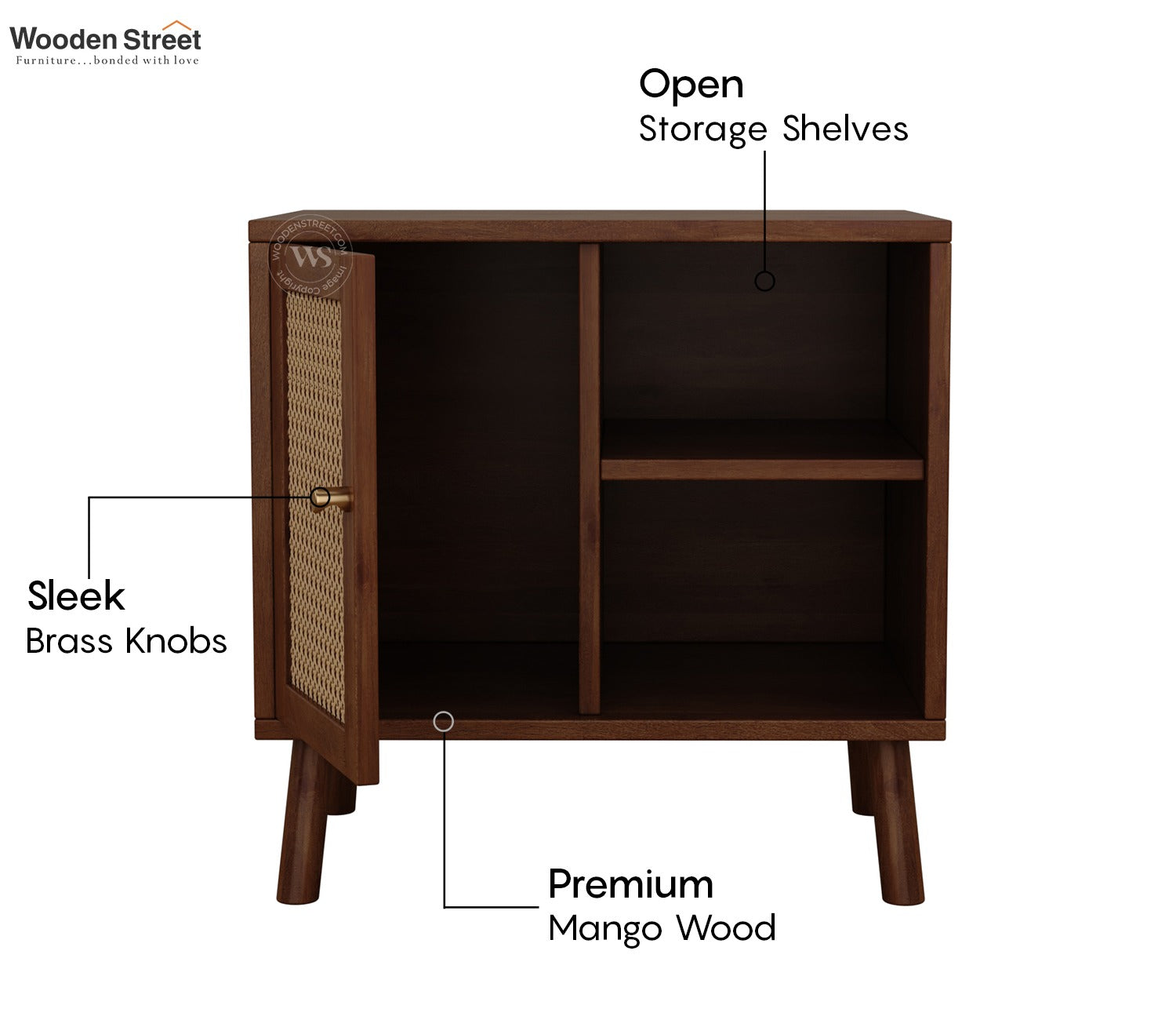 Carmello Mango Wood Bedside Table with Cane Detailing & Open Shelves (Teak Finish)